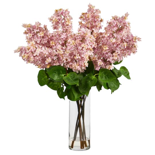 24&#x22; Artificial Pink Lilac Arrangement with Cylinder Glass Vase